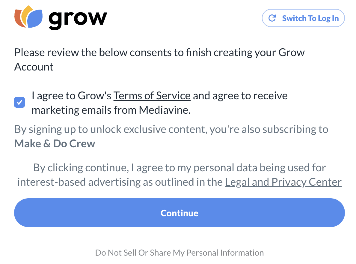 A white box providing the opportunity to create an account with Grow.